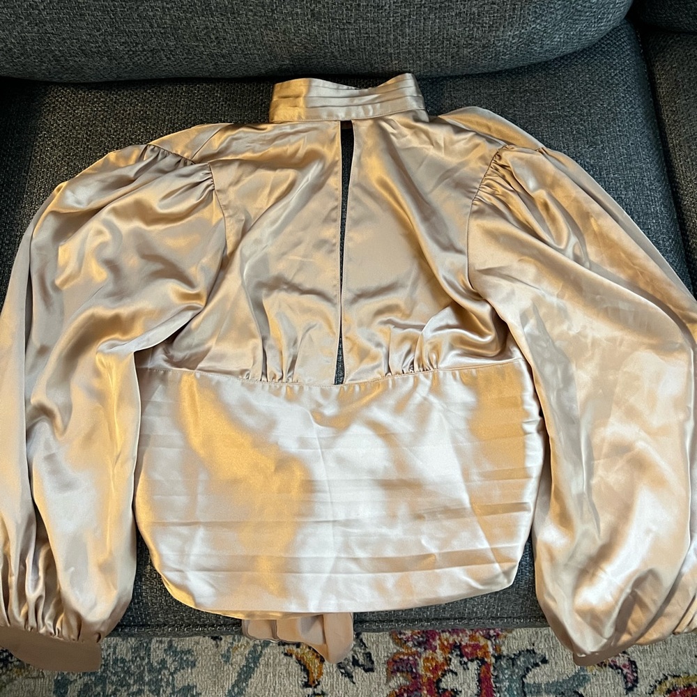 Gold Long Sleeve Silk Open Tie Back Blouse size M